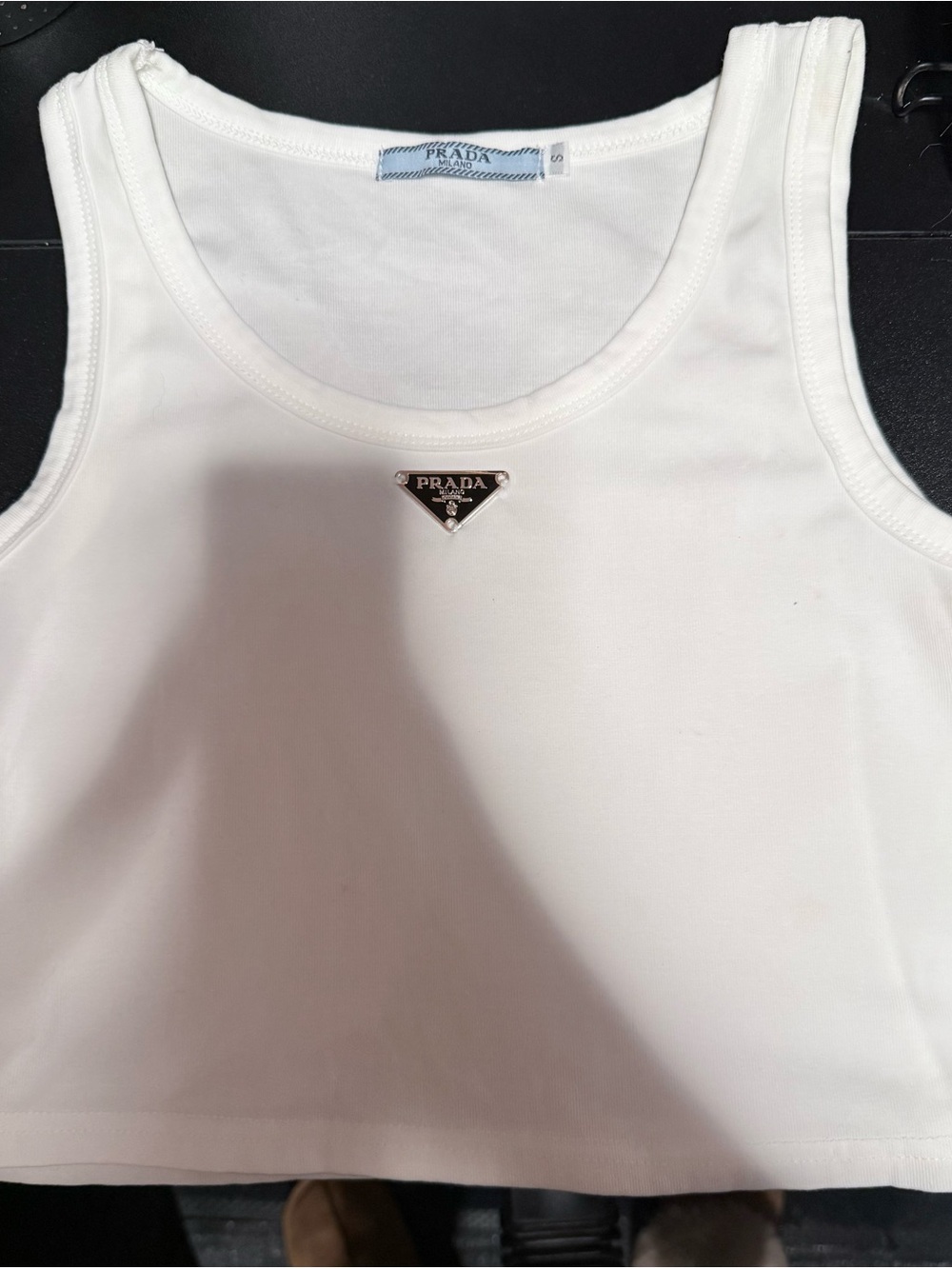 Prada White Cropped Tank with Silver Triangle Logo